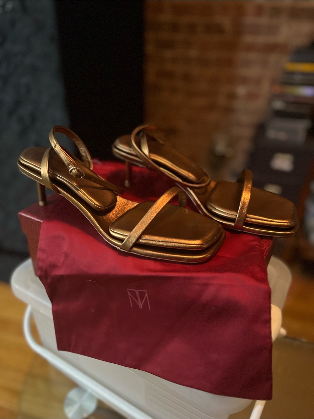 Metallic Bronze Heeled Sandals with Wrap-around Ankle Strap